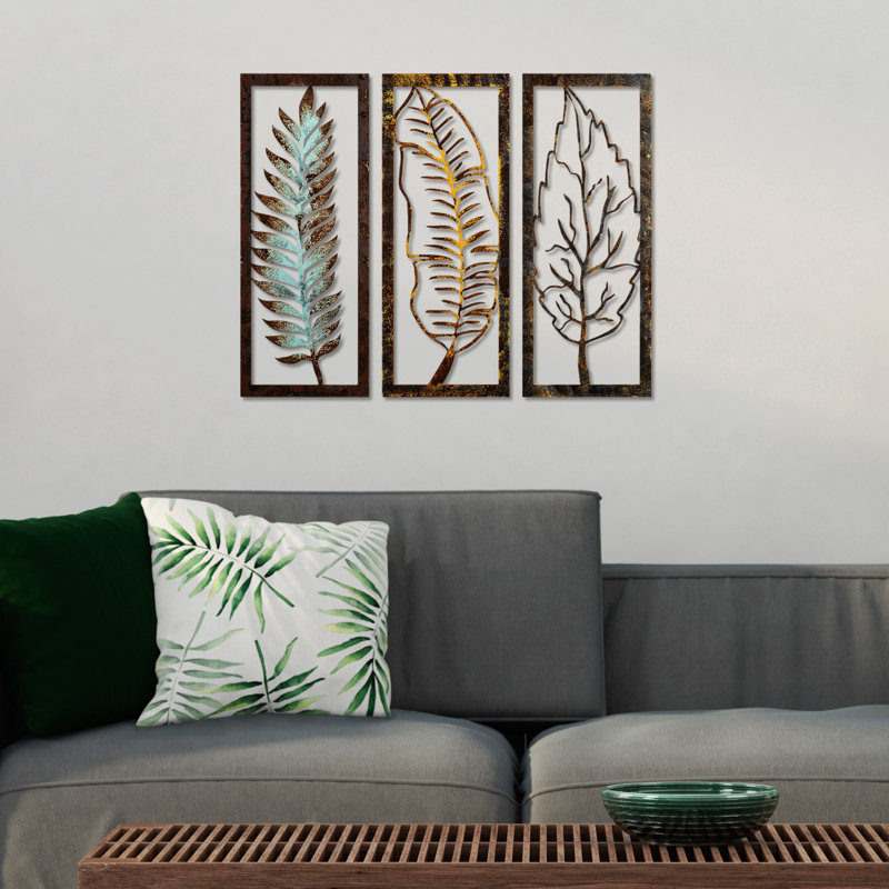 Hand-Painted Decorative Metal Wall Accessory (3 Pieces), 21.7 x 8.7 x 0.6 inches | 100% Metal, Thickness: 0.06 inches | Unique Color Variations, Perfect for Modern Home Decor & Stylish Interiors