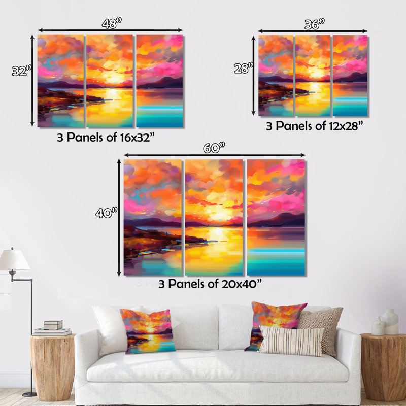 Coucher de soleil avec des reflets colorés II sur toile, 3 pièces, H 28 po x l 36 po x P 1 po