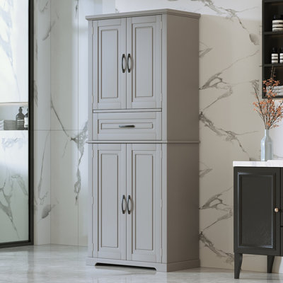 Waterproof Freestanding Storage Cabinet With Adjustable Shelf, Large Slide Drawer And Closed Cabinets, Smooth Easy-Clean Organizer With Black Metal Bar Handles-Grey