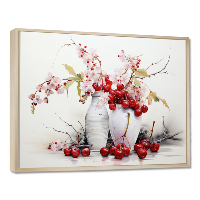 Décoration murale cerise simplicité - fruits, H 34 po x l 44 po x P 1,5 po, Cadre flottant érable