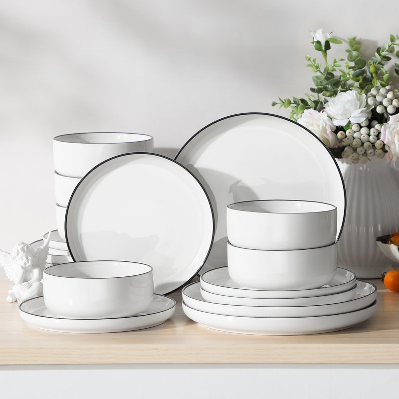 Aleighna 18 Piece Porcelain Dinnerware Set - Service for 6, White/Black Trim