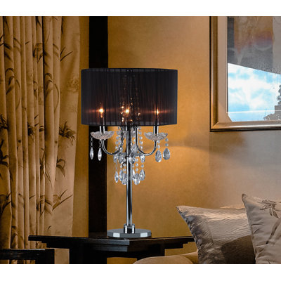 29.5" Modern Crystal Touch Table Lamp, 3-Light Candelabra Bedside Nightstand Light, Chrome & Black