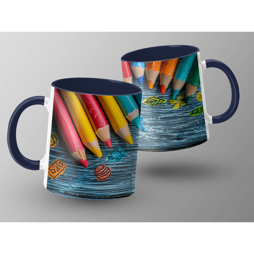 Set of 3 Kids Drawing Style 11oz Accent Mugs – White Ceramic Coffee Cups with a Navy Handle and Interior