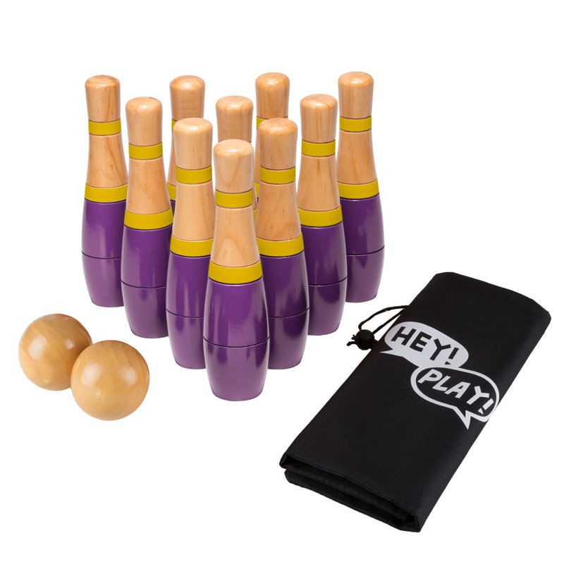 Jeu de quilles en bois - Jeu de quilles pour adultes et enfants avec 10 quilles, 2 balles, sac de transport - Jeux d'intérieur et d'extérieur - Jeux de quilles (mauve)