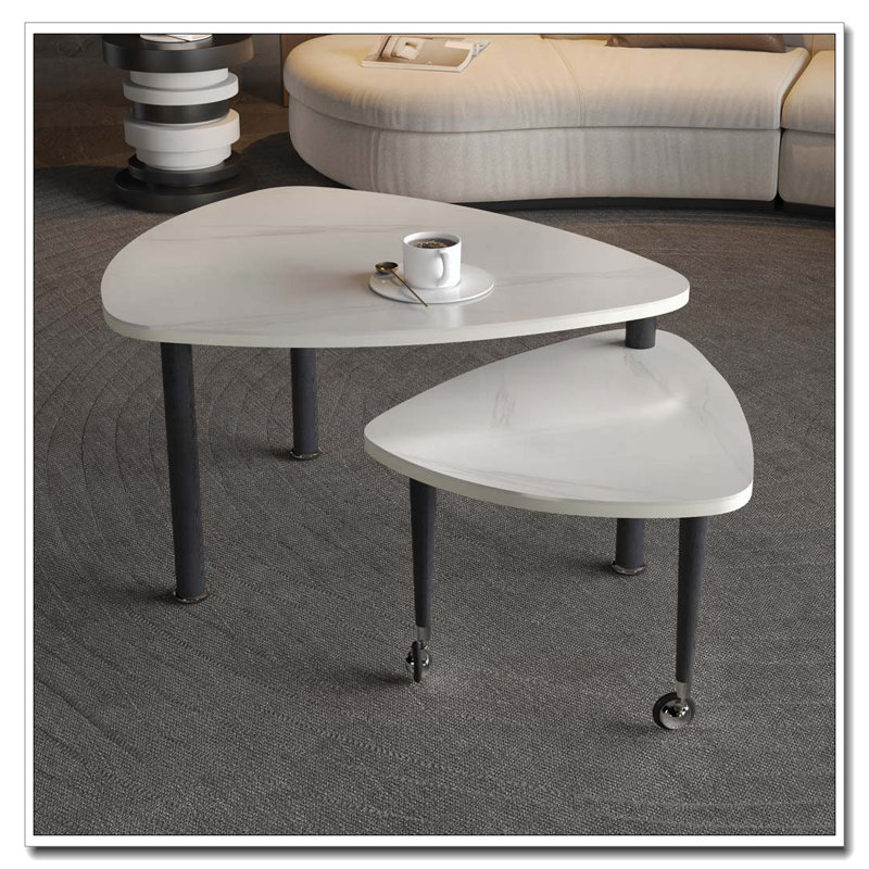 Table basse rotative avec pieds en bois d'hévéa massif, Blanc, Marbre