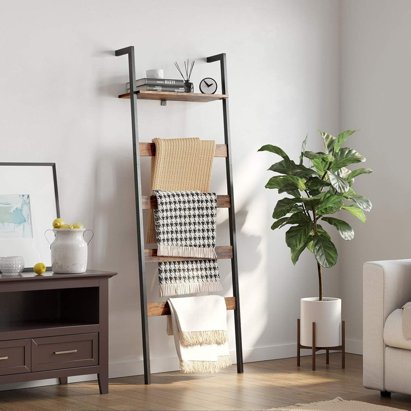 Versatile Industrial Rustic Brown Wall-Leaning Blanket Ladder with Storage Shelf