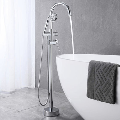 Freestanding Tub Filler With Handheld Shower, Floor Mounted, 6 Gpm Flow Rate For Efficient Filling And Bathing Bathtub Faucet , High Design, 2 Handles Precise Control, Mount