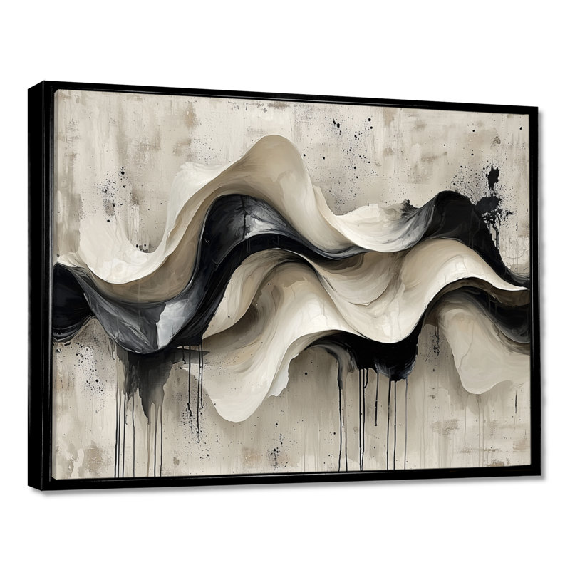 Art mural mural "Vagues modernes abstraites", H 34 po x l 44 po, Noir, Cadre flottant