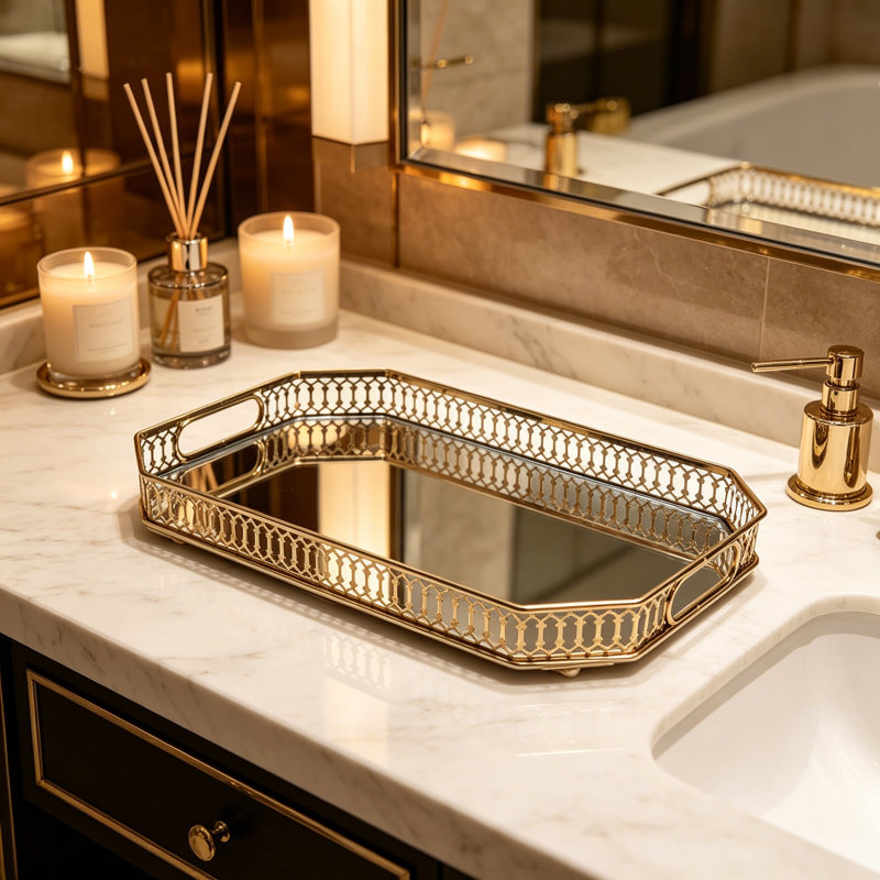 Decorative Mirrored Vanity Tray With Gold Metal Frame And Glass Base - Rectangular Jewelry Organizer And Serving Tray For Perfume, Cologne, And Cosmetics