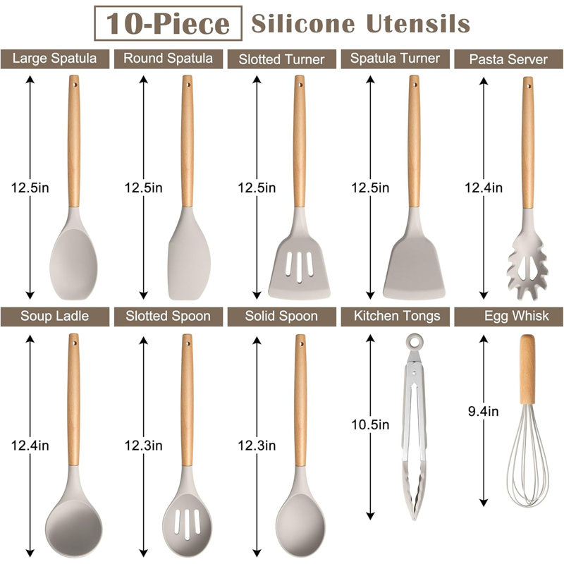 Silicone Cooking Utensils Set, 10-Piece Heat Resistant Kitchen Utensils Set with Wooden Handle