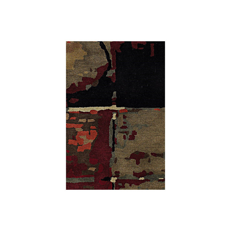 Tapis abstrait moderne en laine touffeté à la main Mikiel, vert, noir, marron, crème et brun, 7 pi 9 po x 10 pi 6 po
