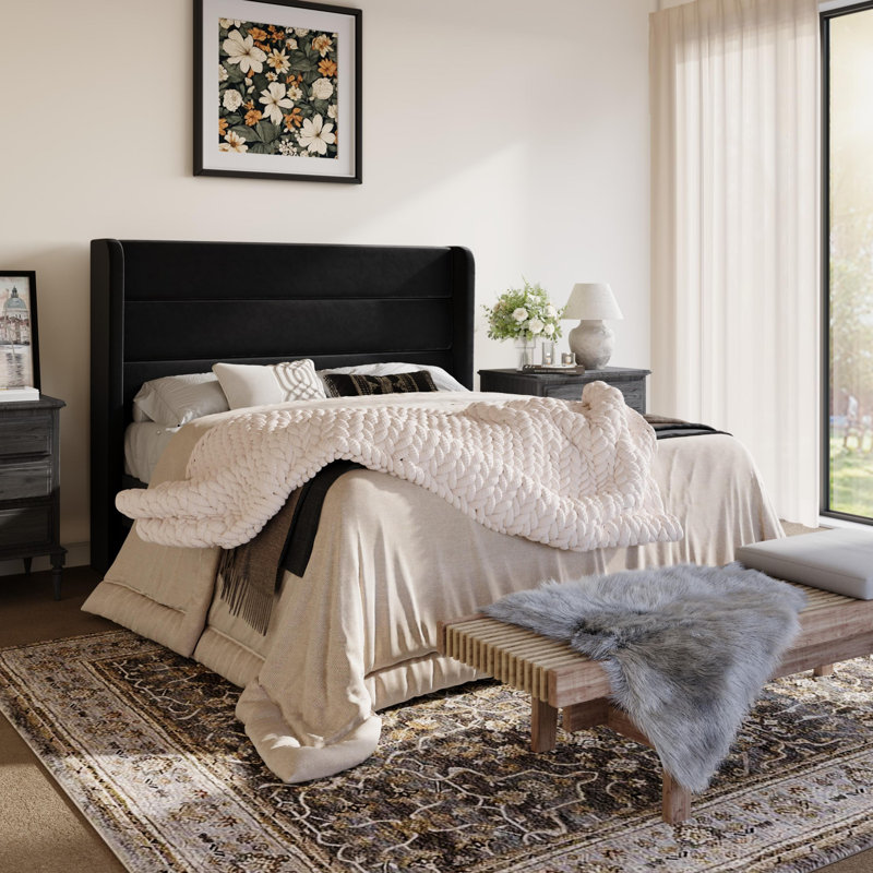 Modern Velvet Upholstered Platform Bed With Wooden Slats Wingback Headboard Included, Full, Black