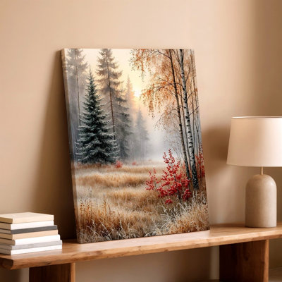 Hiver, forêt, pré, bouleaux, givré, herbe, brume, reproduction d'art sur toile, œuvre d'art pour la maison, chambre à coucher, salon, bureau, décoration murale