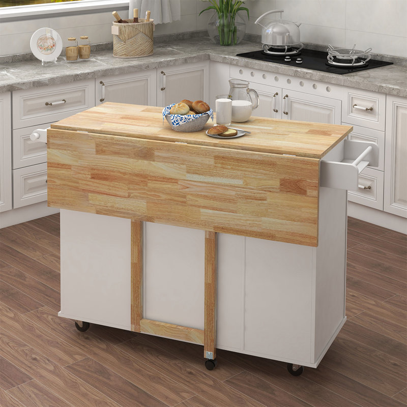 Îlot de cuisine avec support à épices, porte-serviettes et plateau de table en bois massif extensible, Blanc