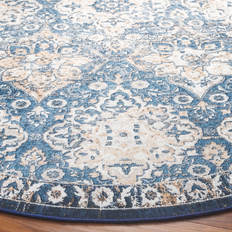 Wilmary Orlando Felt/Velvet/Laminated Film Machine Washable Southwestern Rug in Blue/Beige, Round 6'7"
