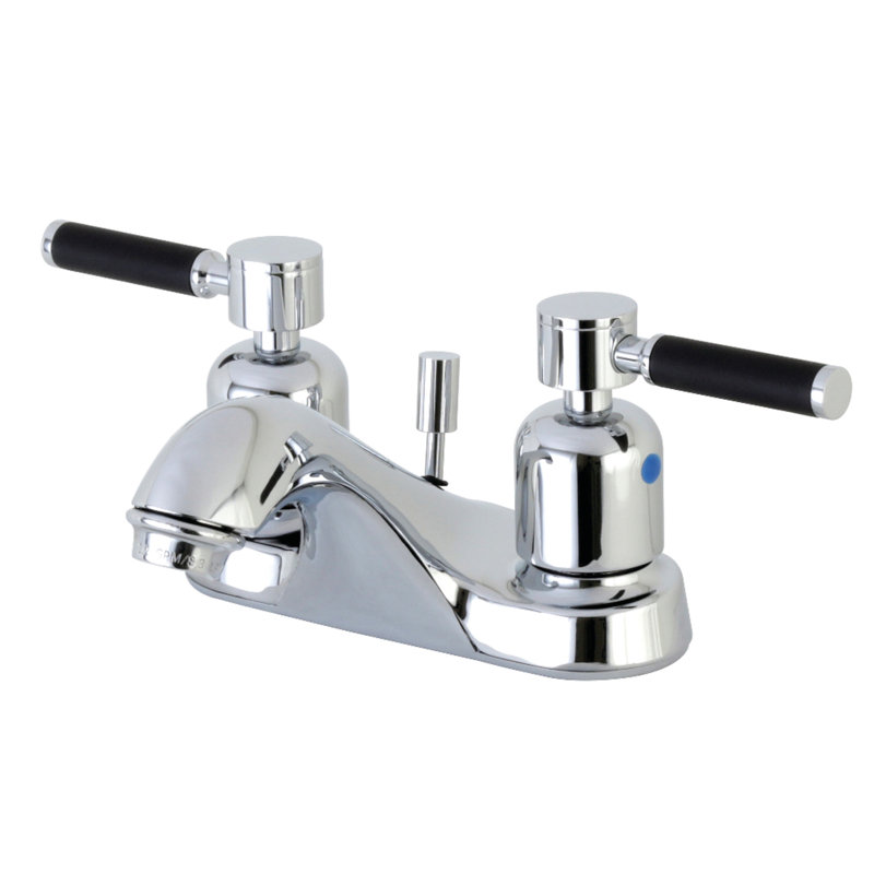 Kingston Brass Kaiser Two-Handle 3-Hole Deck Mount 4" Centerset Bathroom Faucet with Plastic Pop-Up, Polished Chrome