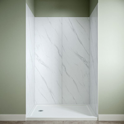Streamline DSH-1700-187 32. in L x 48 in. W x 76 in. H 3-Piece Glue-Up Alcove Shower Surround in White Marble Finish
