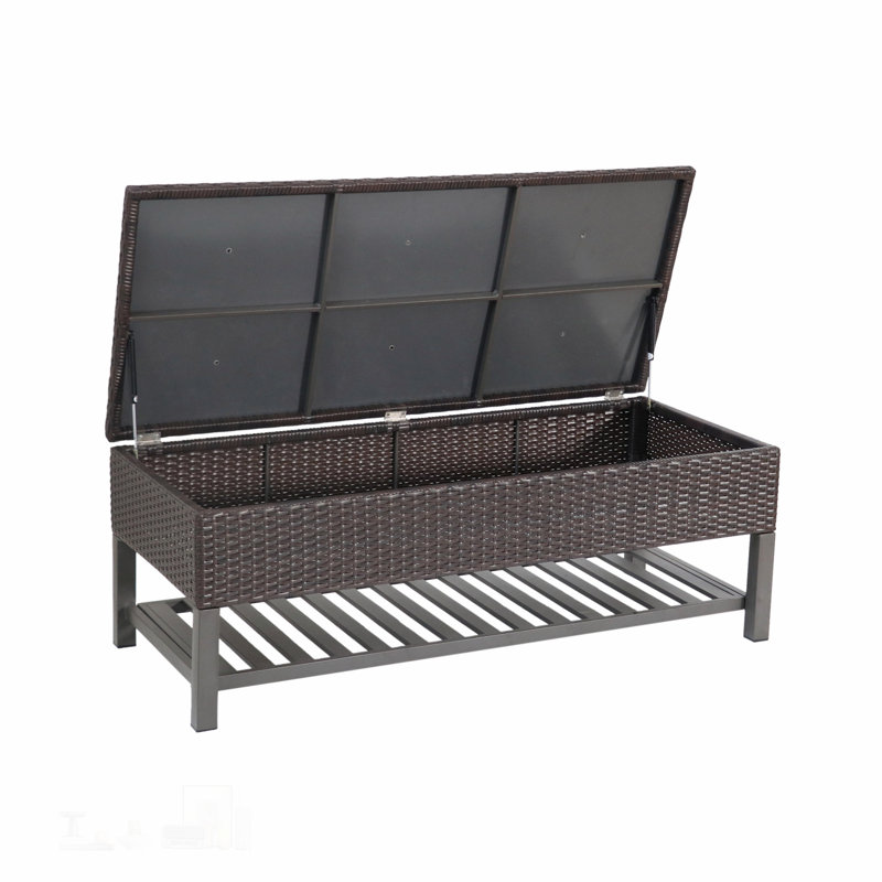 Banc de rangement en osier Regent avec support en métal pour l'extérieur, résistant aux intempéries et spacieux
