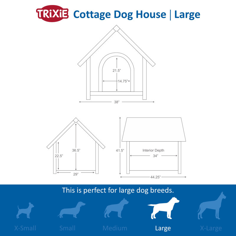 Trixie Weatherproof Outdoor Dog House, Raised Floor, Pointed Roof, Très grand (H 41,3 po x l 44,1 po x P 37,8 po)