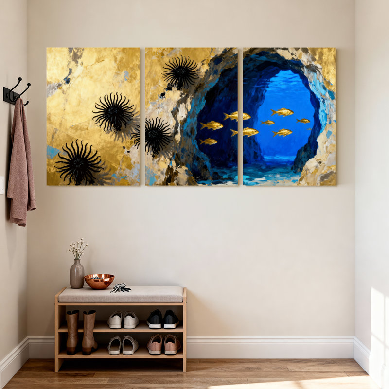 Ensemble de 3 impressions sur toile Golden Coral Reef avec poisson et grotte, H 18 po x l 36 po