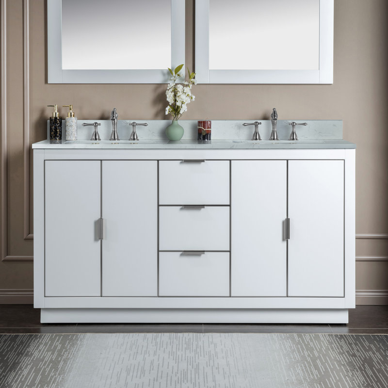 60"x21"x33" Solid Wood Bath Vanity, Brushed Nickel, Gray