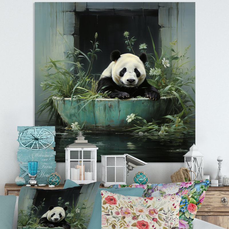Green Tranquil Panda Bath I - Raven Animal Metal Wall Art, 16" H x 16" W