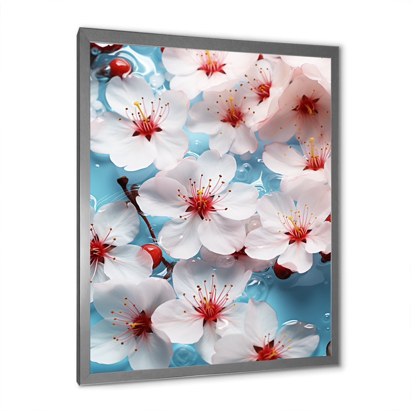 «White Cherry Blossoms Flow II», art mural cerisier en fleurs, H 40 po x l 30 po x P 1,5 po, Cadre simple argenté