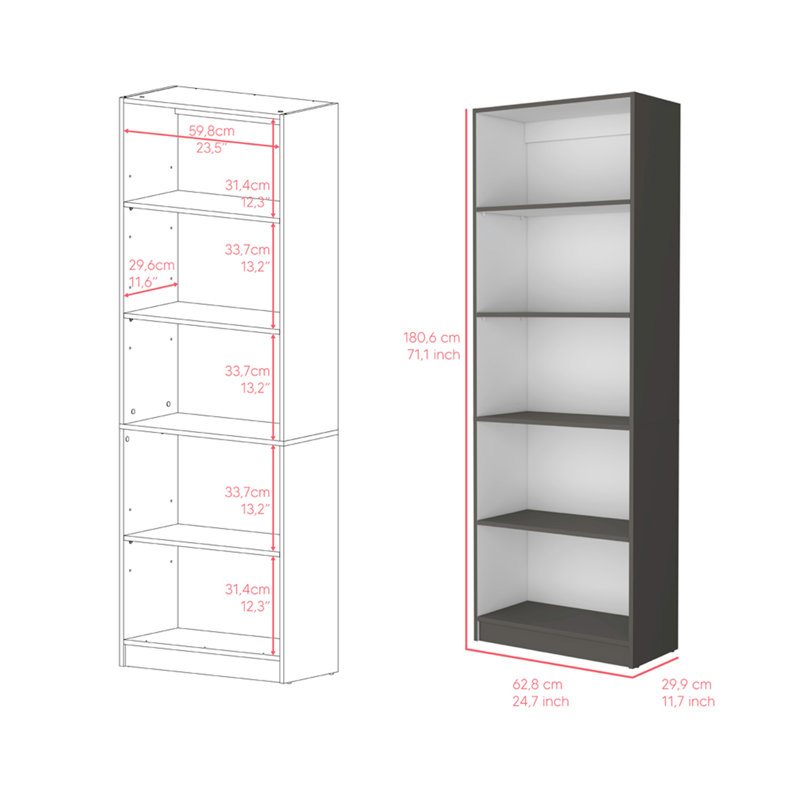 Bibliothèque à 4 tablettes Benzoni, bureau, gris mat / blanc, Blanc / Gris, (5 tablettes) H 71,1 po x l 24,7 po x P 11,7 po