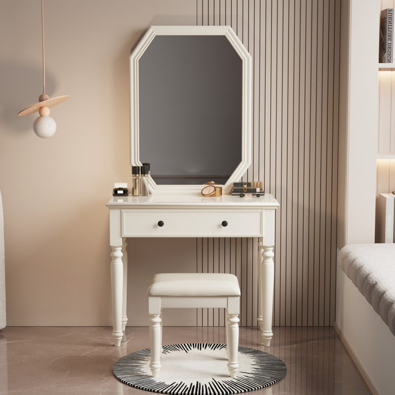 Pereda 35.43 Inch Wide Makeup Vanity With Mirror And Stool, 1 Drawer, Padded Stool, Beige