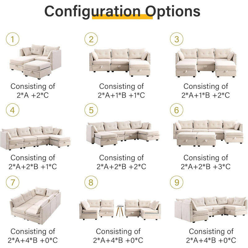 Vintage Modular Sectional Sofa, Convertible Multiple Combination Sofa Couch With Storage, Memory Foam, Vintage Copper Nail Modular Sectionals L-Row Module (1 Side Stool)