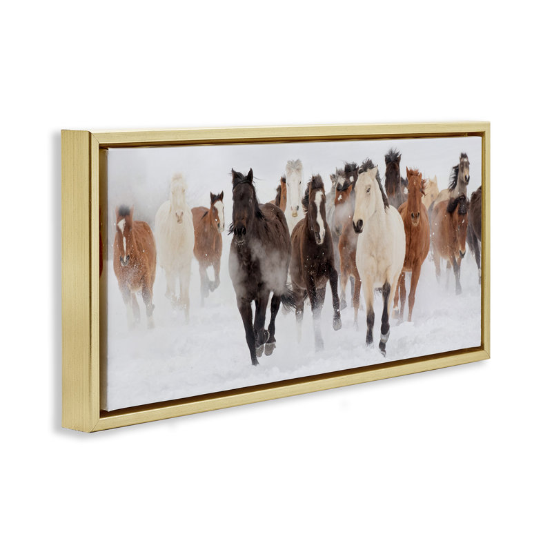 Wild Horses Herd Foggy Winter, Metallic Gold Floater Frame, 14" H x 31" W
