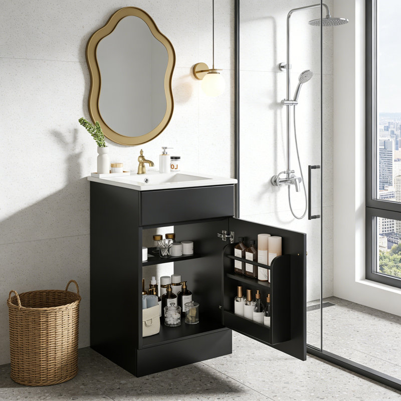 Meuble-lavabo de 20 po avec lavabo, Noir, Doré