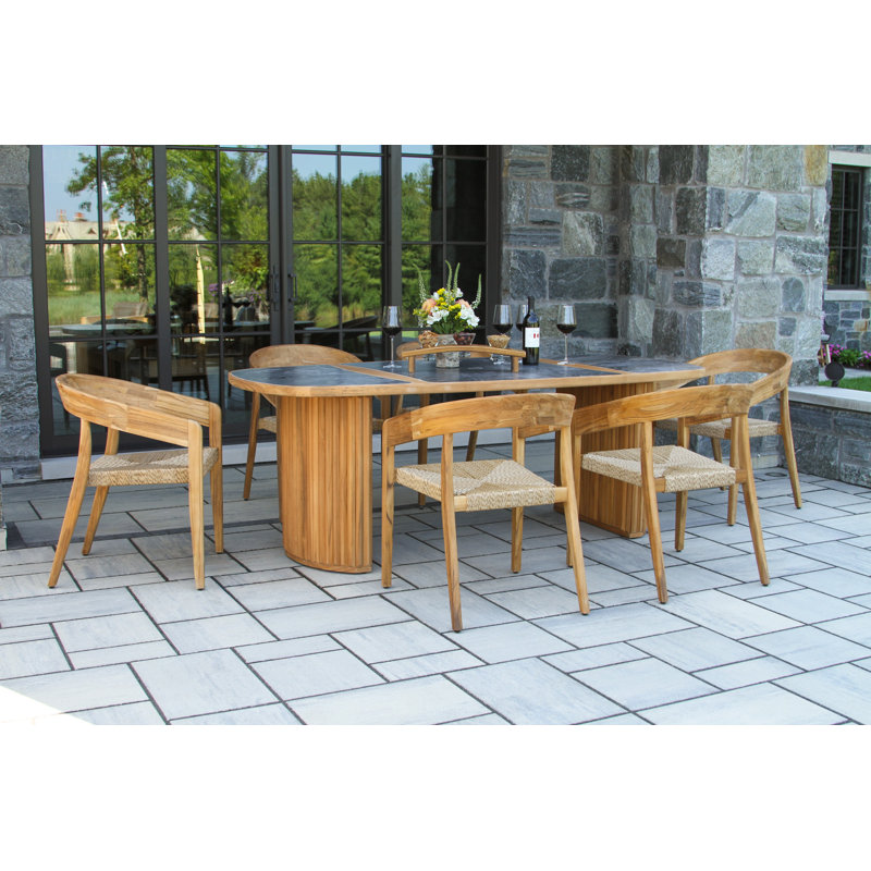 7 Pc. Teak & Wicker Oval Dining Set With Orobico Stone Top, Tan/Natural, Gray