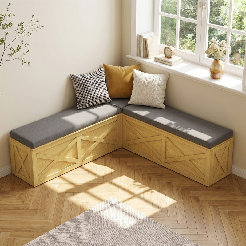 L-Shaped Corner Bench With Storage, Breakfast Nook Bench With Gray Cushions, Natural, Natural Wood