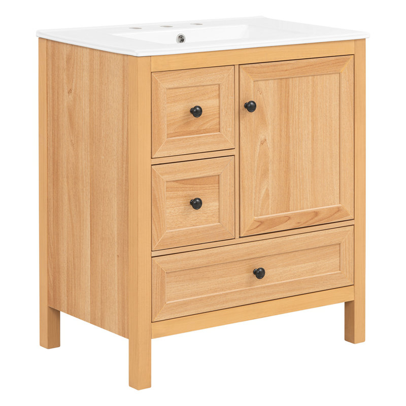 Meuble-lavabo de 30 po à grain de bois avec lavabo en céramique, pieds en bois massif, tablette réglable et porte et tiroir à fermeture en douceur, support de rangement, dossier ouvert