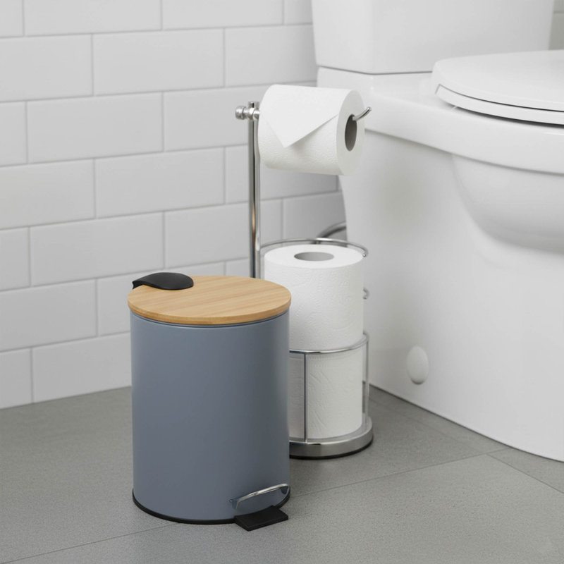 Poubelle avec couvercle en bambou et pédale, capacité de 2,5 L, Gris