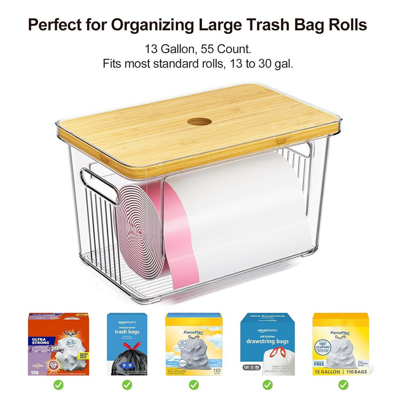 2-Pack Stackable Trash Bag Holders With Bamboo Lids, Acrylic Dispenser For Under Sink, Kitchen, Pantry, Or Laundry Storage