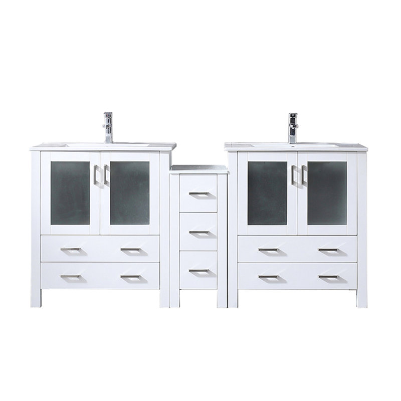 72 po Large meuble-lavabo double blanc avec armoire latérale, comptoir en céramique, robinet inclus, fonction de fermeture en douceur, deux armoires et sept tiroirs de rangement, comptoir Scratch, robinet à un trou