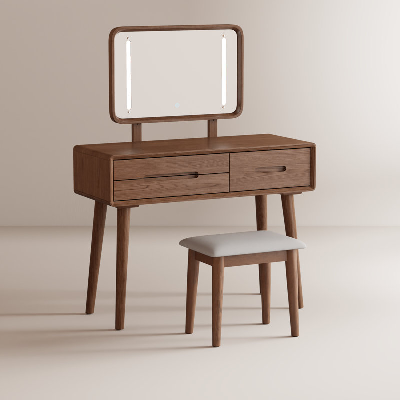 Coiffeuse de maquillage en bois massif, miroir amovible, éclairage réglable, équipé de trois tiroirs, Brun