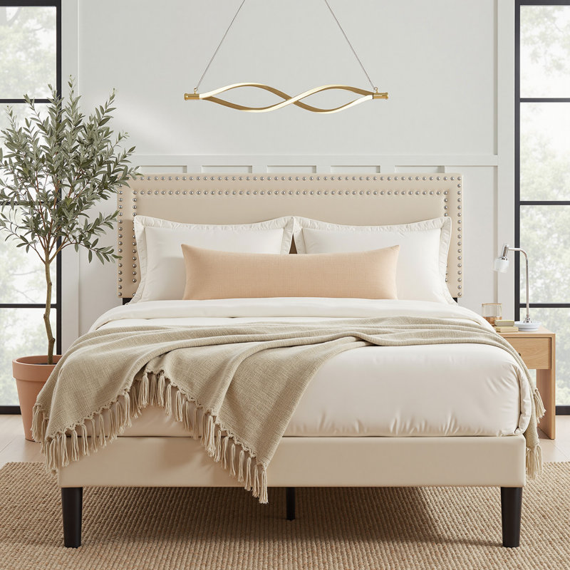 Ensemble de chambre en velours capitonné avec lit et 2 tables de chevet, aucun lit plateforme tapissier requis, Beige/Brown