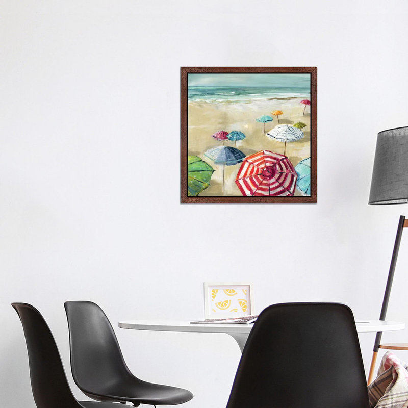 Umbrella Beach II by Carol Robinson - Painting on Canvas, 93.98 cm H x 93.98 cm W, Brown Floater Framed