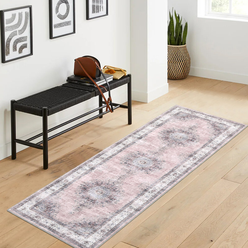 Vintage Area Rug Washable Medallion Accent Carpet with Non-Slip Backing, Foldable Distressed Low Pile Indoor Mat, Stain-Resistant Floor Cover for Living Room, Bedroom, Kitchen