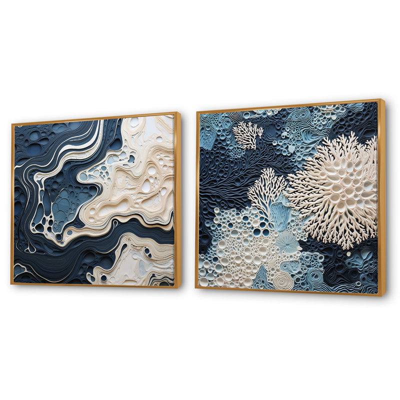 Collage abstrait crème et bleu - ensemble de 2 collages carrés abstraits, H 16 po x l 33 po, Cadre flottant doré