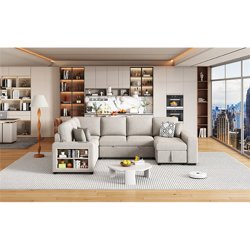 Canapé-lit modulaire en U 109 po avec deux ports USB, Chenille beige