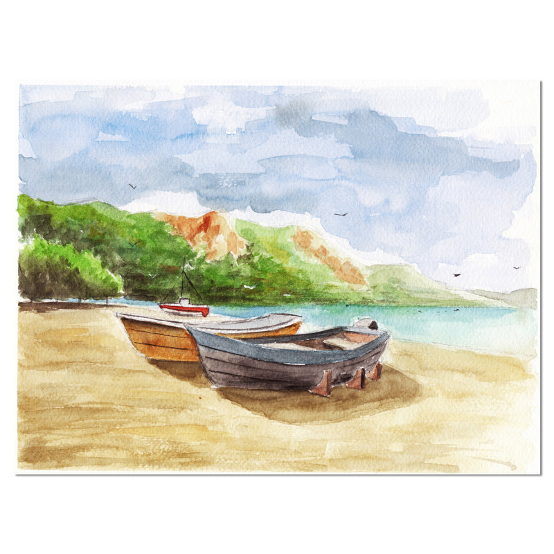 Aquarelle, bateaux de pêche, paysage, reproduction sur toile tendue, H 8 po x l 12 po