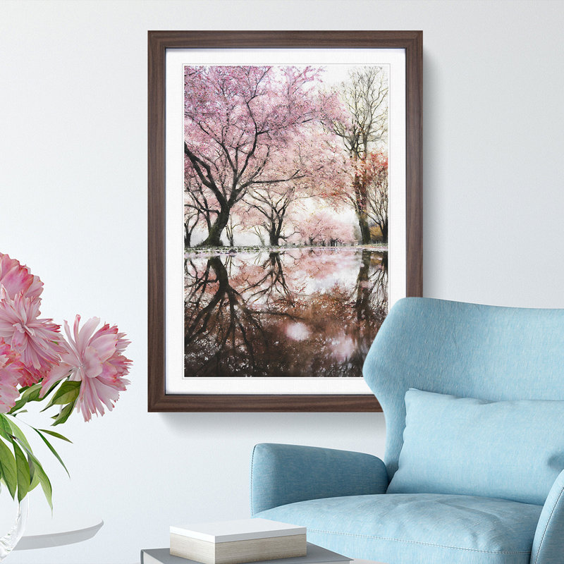 Reflection Of The Pink Blossom Trees - Single Picture Frame Painting on MDF, 63cm H x 45cm W x 2cm D, Walnut Framed