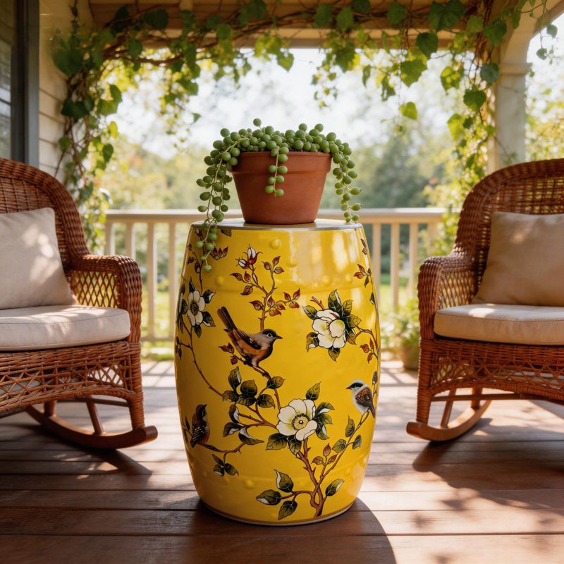 Tabouret en céramique fleur et oiseau, Jaune/rouge