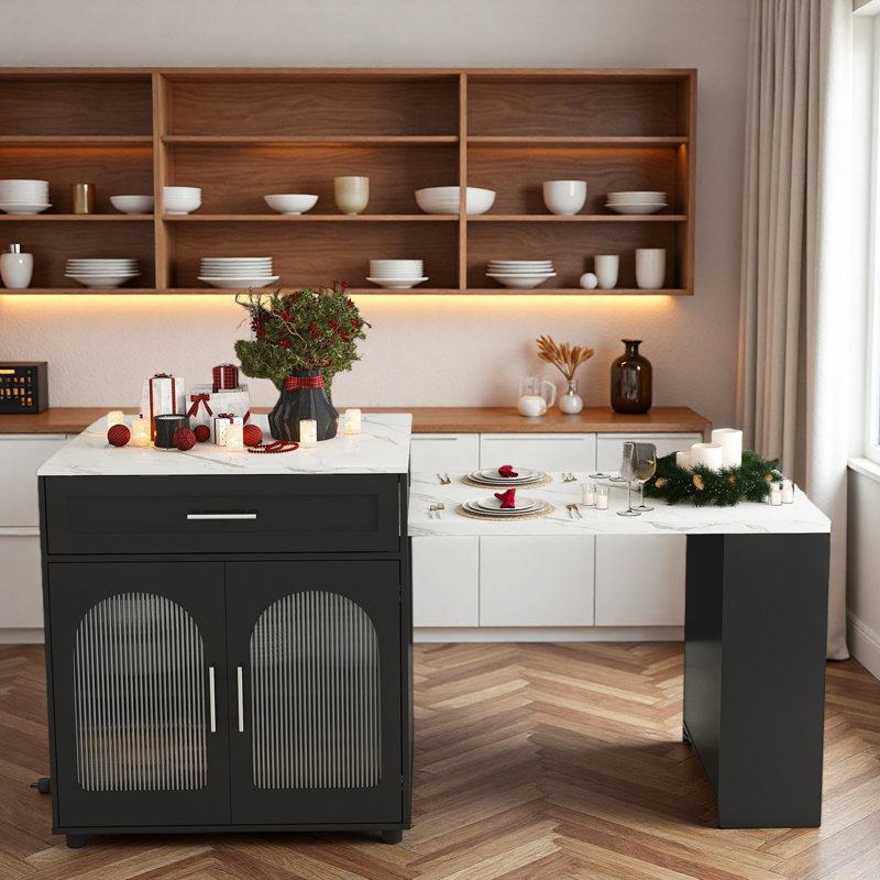 Expandable Kitchen Island With Dining Table, Power Outlet, 2 Drawers, Open Shelves And Movable Wheels