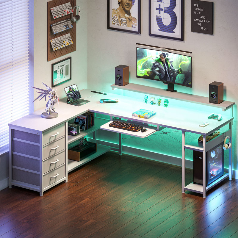 Lymon Adjustable L-Shaped Metal Base Computer Desk with Power Outlet, White