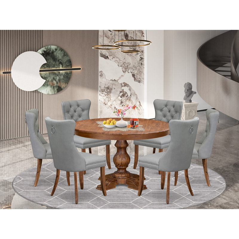 7-Pc Modern Dining Table Set Include a Dining Table and 6 Light Grey Polyester Chairs with Button-Tufted Back, Antique Walnut